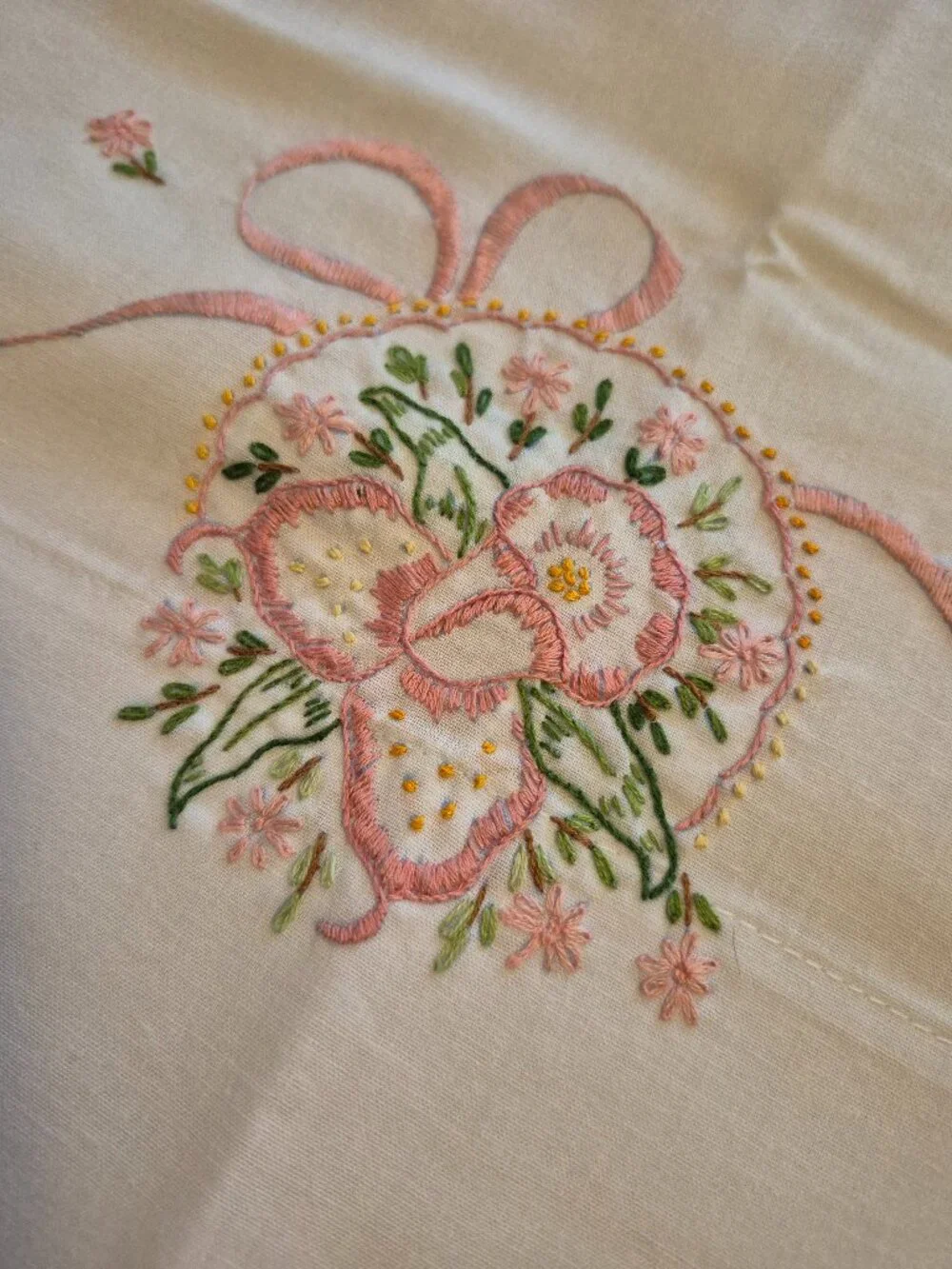 Vintage Embroidered Pillowcases Birds Flowers Standard Size Pair